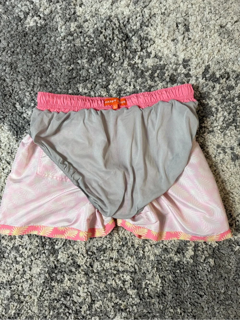 Happy Hour, Men’s Pink & Yellow Palm Leaf Print Swim Trunks Swimwear, Large